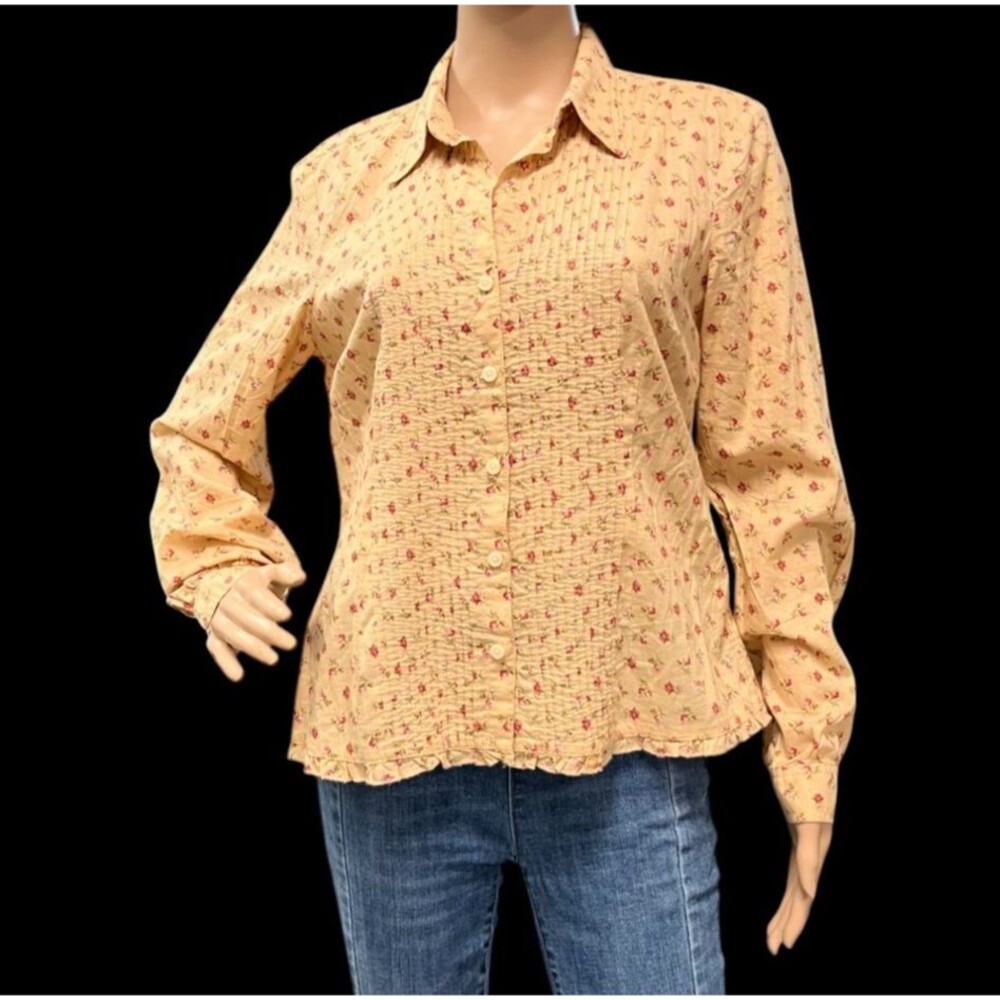 TOMMY HILFIGER Ladies Long SleeveBlouse Top MEDIUM Pleated GOLD With Roses